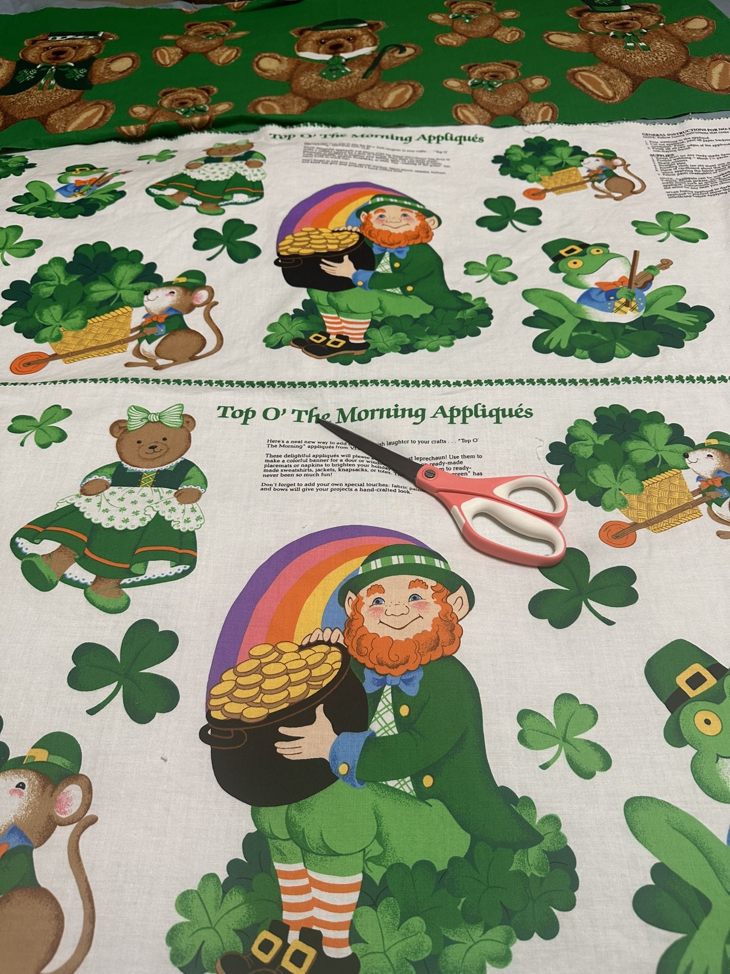 Vintage Irish St. Patrick's Day Fabric Pot Of Gold, Irish Teddy Bears Leprechaun Pot Of Gold