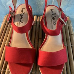 RED CANVAS OPEN TOE WEDGE SHOES 