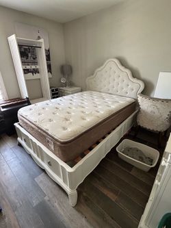 Full size bed frame, headboard and mattress