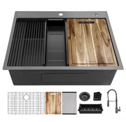 33 in. Drop-In Single Bowl Workstation Kitchen Sink, PVD Gunmetal Black, 18 Gauge 304 Stainless Steel with Spring Faucet