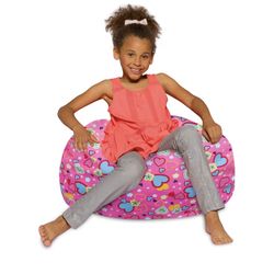 Posh Creations Bean Bag Chair for Kids, Teens, and Adults Includes Removable and Machine Washable Cover, Canvas Multi-Colored Hearts on Pink, 27in - M