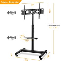 Mobile TV Stand Rolling TV Cart Floor Stand with Mount on Lockable Wheels Height Adjustable Shelf for 32-75 inch Flat Screen or Curved TVs