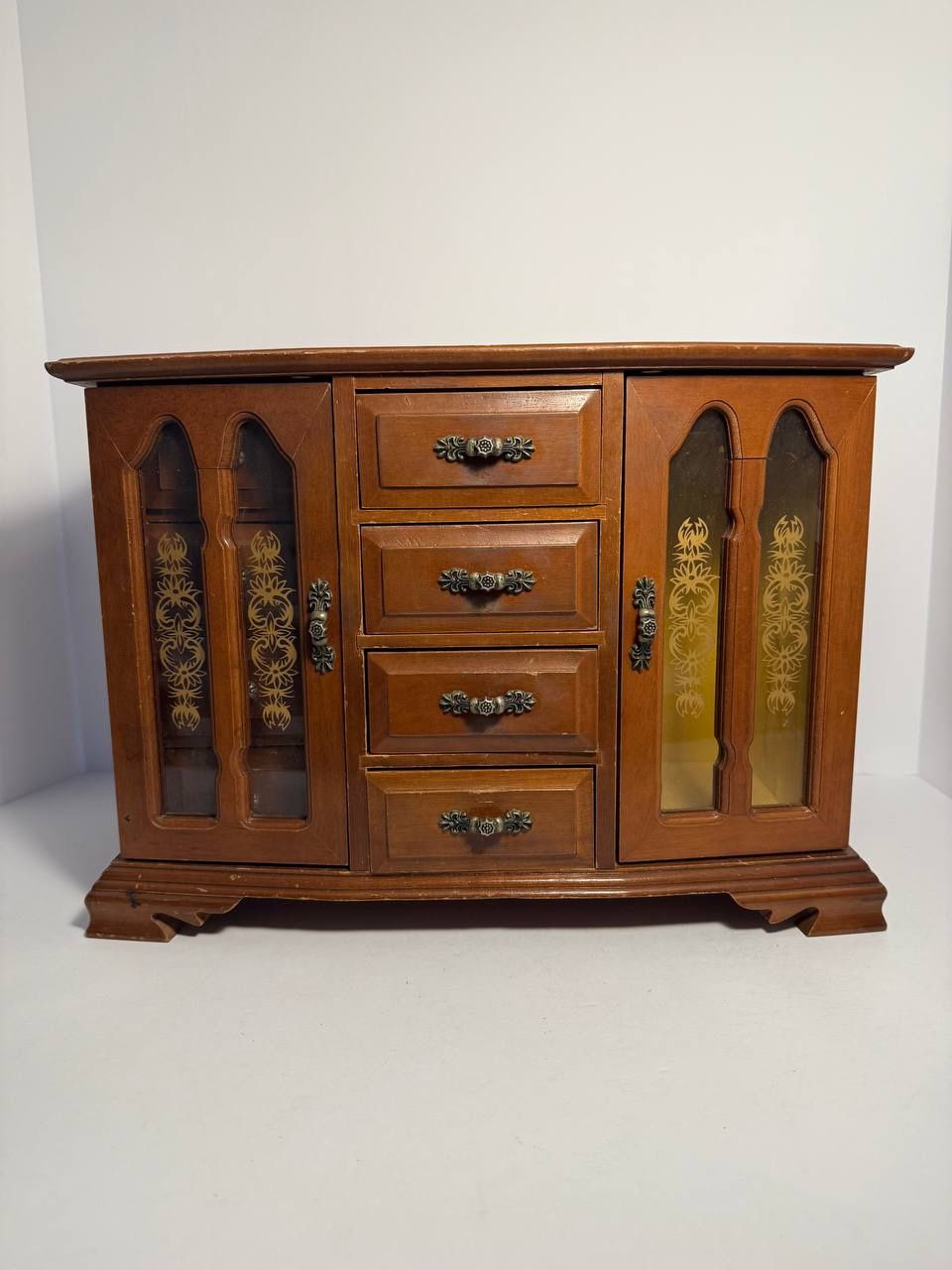 Vintage Wooden Jewelry Box Cabinet Glass Doors with Gold Floral