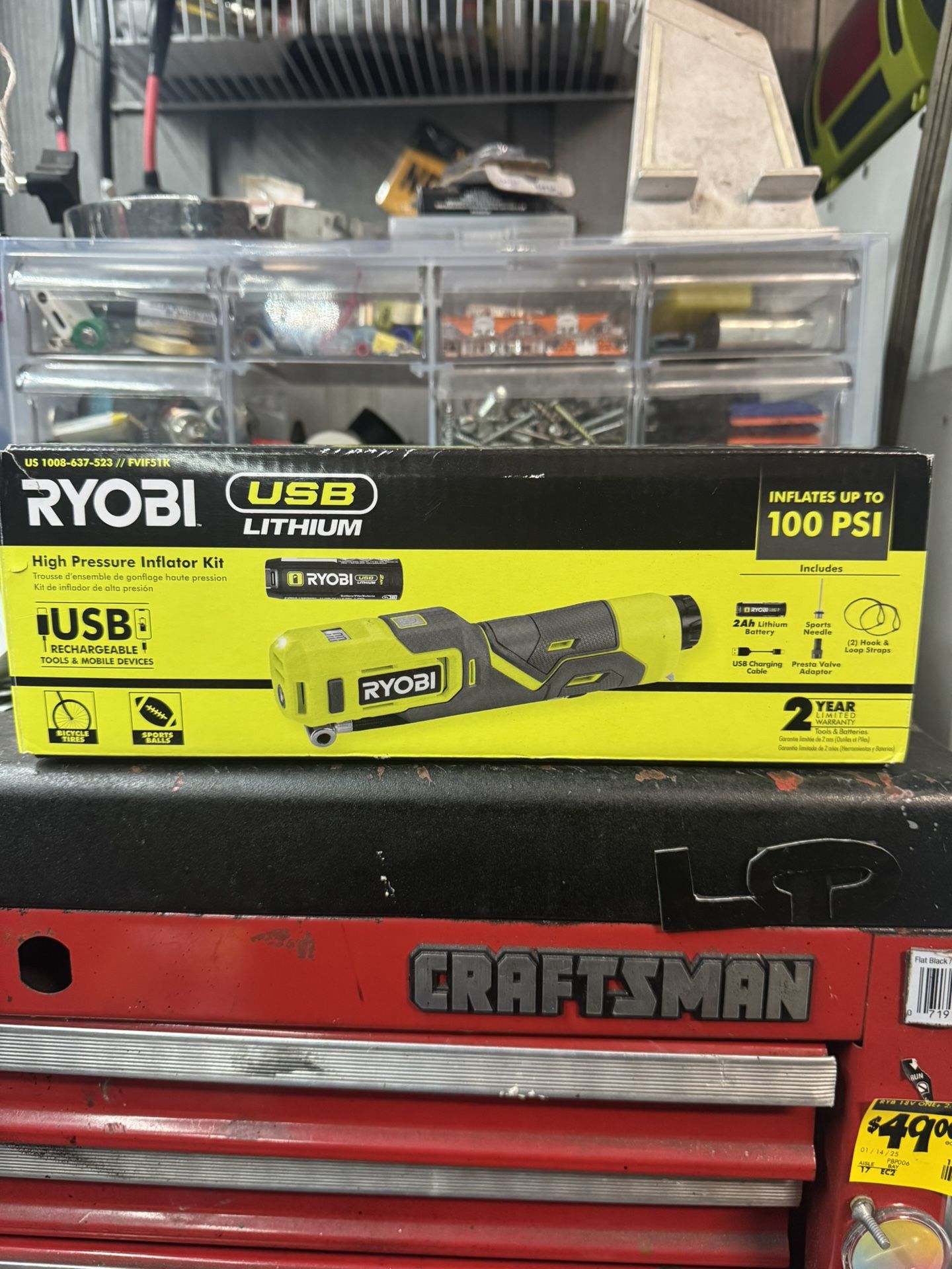 RYOBI USB Lithium Cordless High Pressure Portable Inflator Kit with 2.0 Ah USB Lithium Battery and Charging Cable