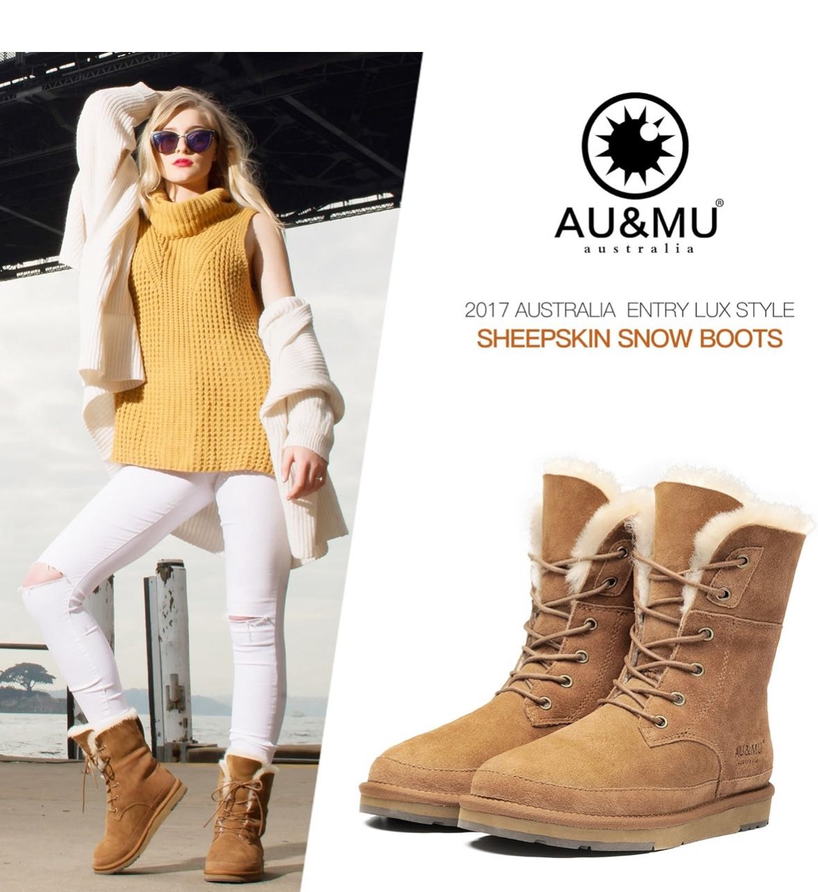 AU&MU Aumu Womens Shearling Leather Sheepskin Classic Lace up Mid Calf Flat Fur Winter Snow Boots…