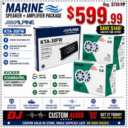 Kicker KM604WL 2-Sets Marine 6.5" Speakers Alpine KTA-30FW Compact 4-Channel Amplifier 300 Watts Bundle Package