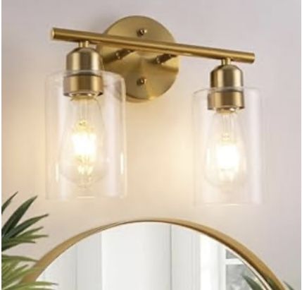 Bathroom Light Fixtures, 2-Lights Modern Wall Sconce Lighting with Clear Glass Shade, Brushed Gold Vanity Lights