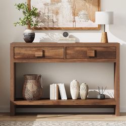Console Table with Drawers, 47 Inch Narrow Entryway Table with Open Storage Shelves, Mid Century Modern Hallway Accent Tables Behind Couch Table for L