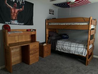Bunk beds , desk, dresser, mirror, and bookshelf set