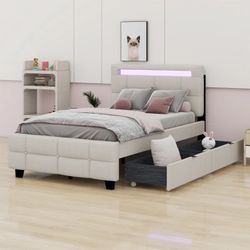 NEW Beige Twin Size Upholstered Platform Bed with LED Frame and 2 Drawers
