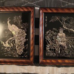 2 Framed Vintage Mother of Pearl Black Lacquer Asian Wall Art
