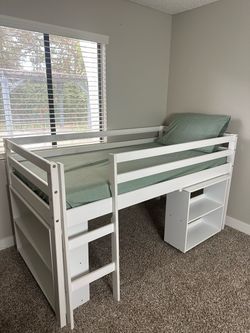 White Twin Loft Bed with Storage Shelves