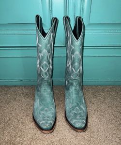 Lane Saratoga Turquoise Embroidered Leather Western Mid-Calf Pull-On Boots 7.5