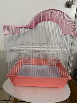 Pink Bird Cage with Perch and Feeders