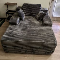 Gray Corduroy Oversized Chaise Lounge with Pillows
