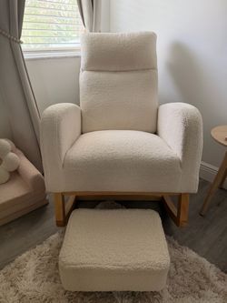 Nursery Rocking Chair with Foot Rest Teddy Fabric Ivory White