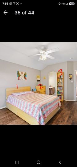 Queen Bed, night stand and book shelf