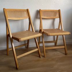 Vintage Mid Century Modern Danish Modern Birch Cane Set Of 2 Foldable Chairs