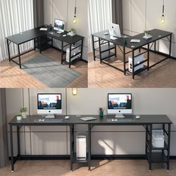 SunyesYo L Shaped Computer Gaming Desk - 95" Office Desk with Storage Shelves, Black
