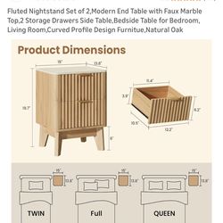 Fluted Nightstand Set of 2,Modern End Table with Faux Marble Top,2 Storage Drawers Side Table,Bedside Table for Bedroom, Living Room,Curved Profile De