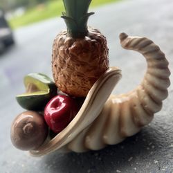 Ceramic Cornucopia With Fruit. Has apples, pears, banana, orange fruits 