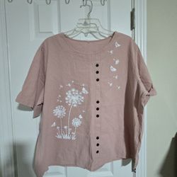 Blush Dandelion & Butterfly Blouse - Crinkle Texture & Button Front