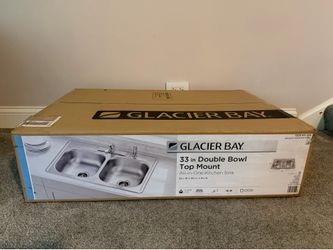 Glacier Bay: 33 in. Drop-In 50/50 Double Bowl 20 Gauge Stainless Steel Kitchen Sink with Faucet and Sprayer