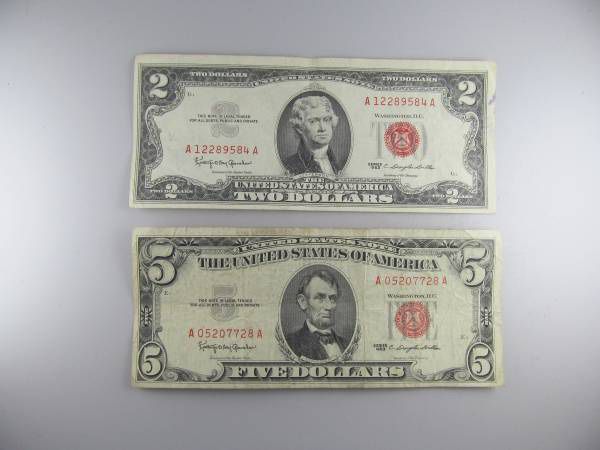 Pair 1963 $2 & $5 Red Seal U.S. Notes -- GREAT VINTAGE CURRENCY!