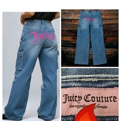 Juicy Couture Cargo Y2K Jeans Size 11 30 Abbot Wide Leg Blue Denim Embroidered