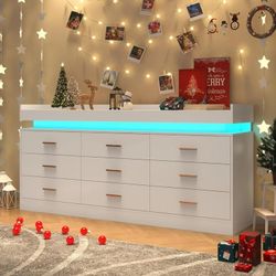 ChVans White Dresser with LED Light, Modern Wood Dresser with Wide Drawers and Metal Handles, 9 drawer dresser for Bedroom, Living Room, Entryway, Hal