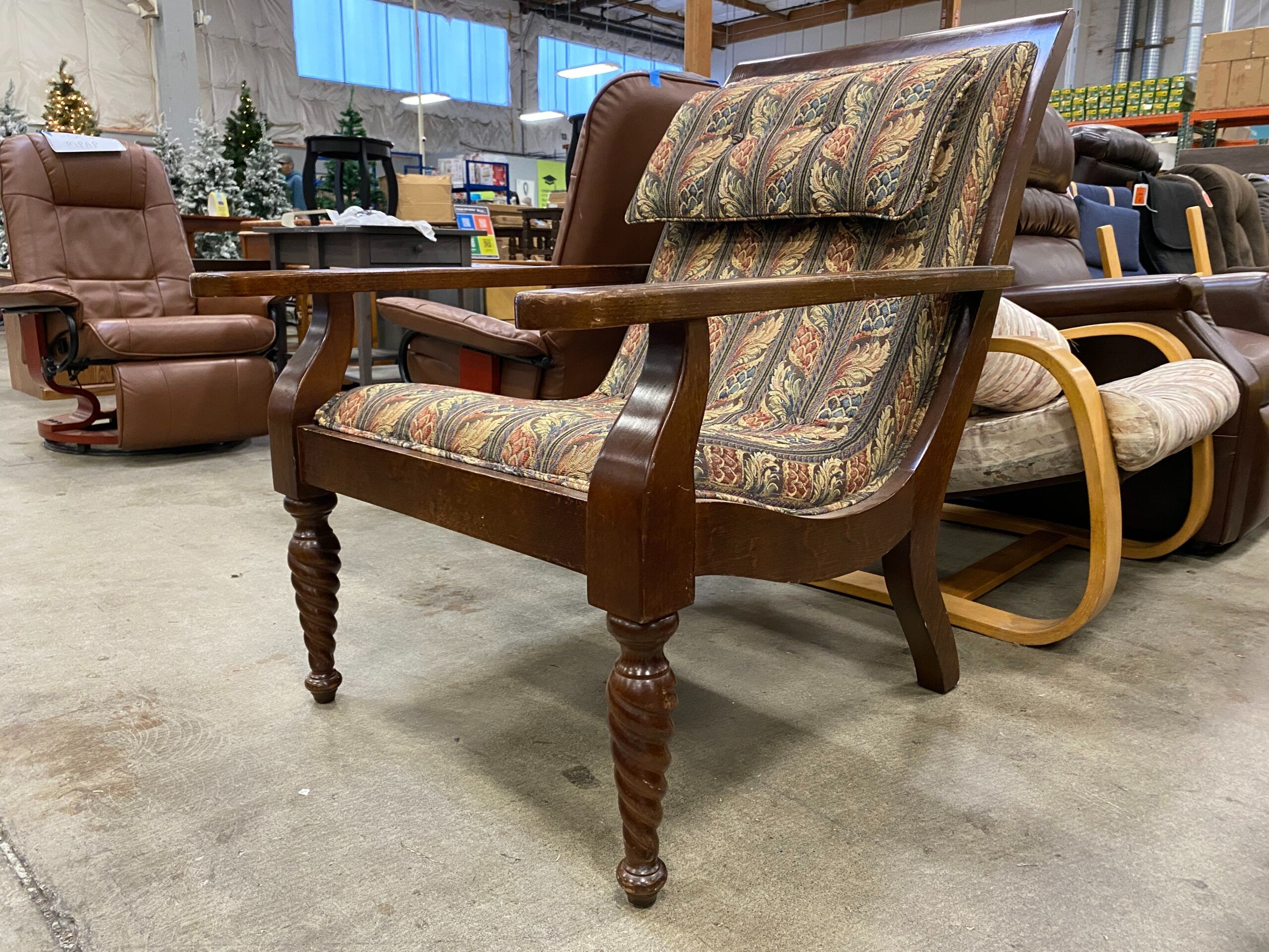 Antique Regency Reclined Wooden Accent Chair with Brocade Upholstery