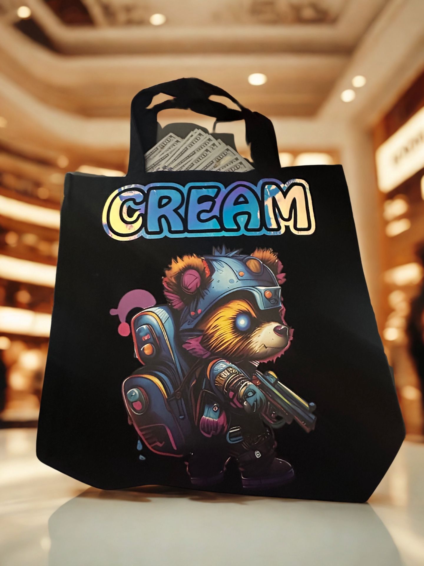 Vinyl Graphic Tote Bag – Space Bear w/ Money Theme