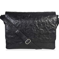 Unisex Genuine Leather Black 15” Messenger Bag -  Retro Designed Crumbled/Wrinkle Leather