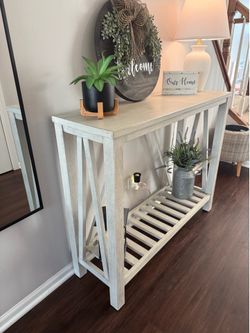 Farmhouse Entryway Console Table - Slim 42” Whitewash/Weathered Grey