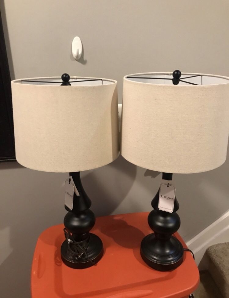 2 Black metal lamps with cream lampshade. New with tags