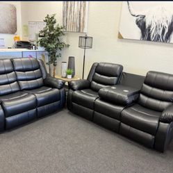 Black Leather Reclining Sofa And Lobe Seat 
