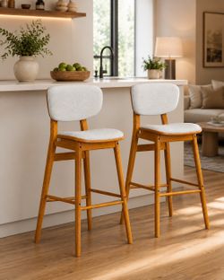 Wood Bar Stools Set of 2 – Mid-Century Upholstered Counter Height Chairs for Kitchen Island