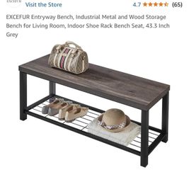 NEW! EXCEFUR Entryway Bench, Industrial Metal and Wood Storage Bench for Living Room, 43.3 in Grey