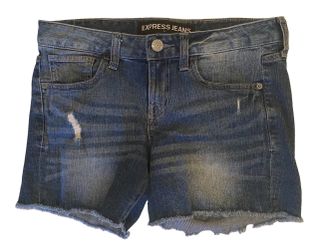 Express Jeans Distressed Raw Hem Denim Shorts Size 4 Medium Wash 5” Inseam
