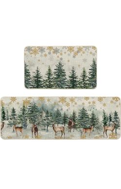 Christmas Kitchen Mat Set, 2-Piece Holiday Floor Rug Set, 17” x 29” & 17” x 47”