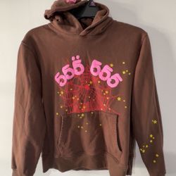 Brown Sp5der Hoodie With Pink Letters