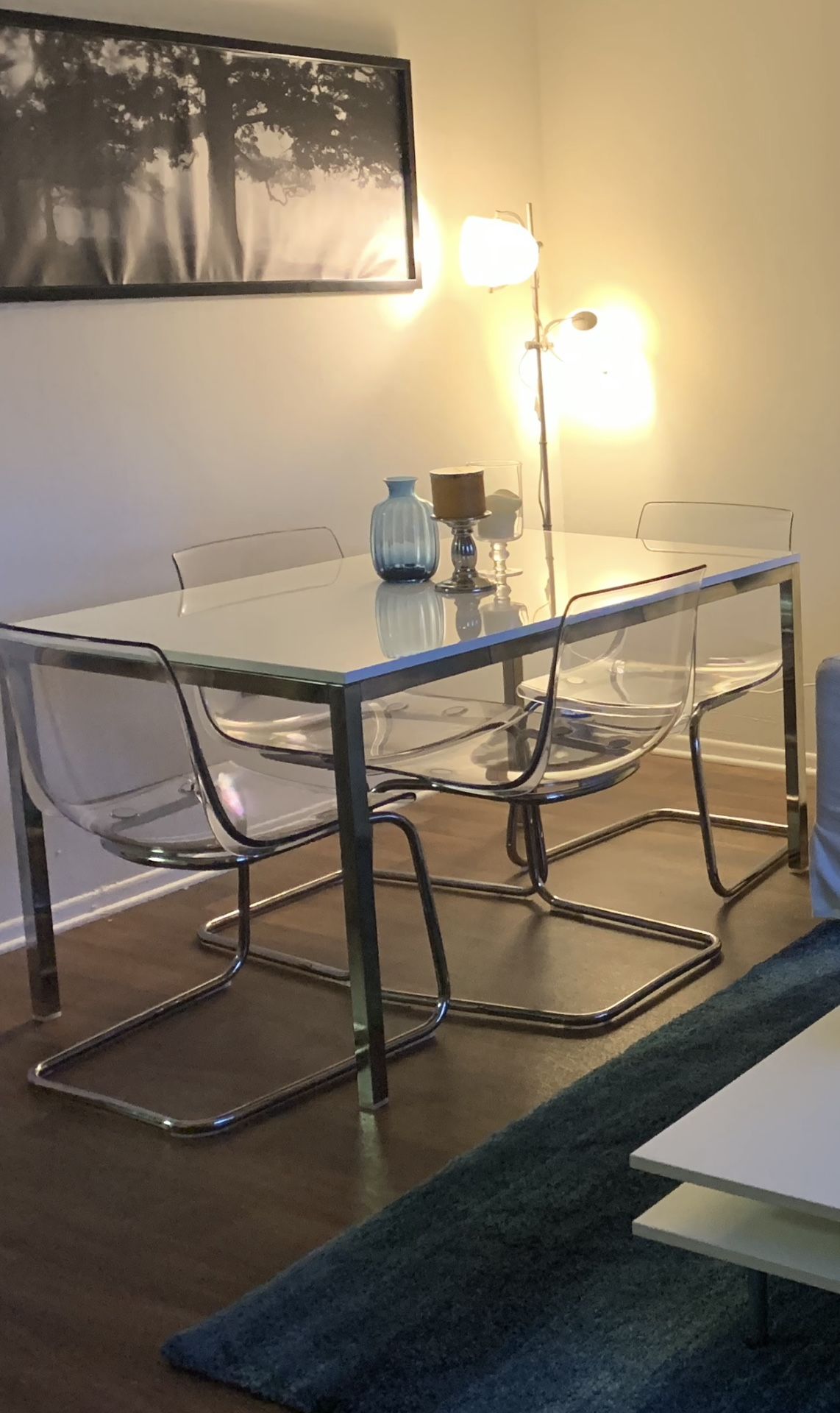 IKEA Torsby Dining Table with 4 Tobias clear chairs