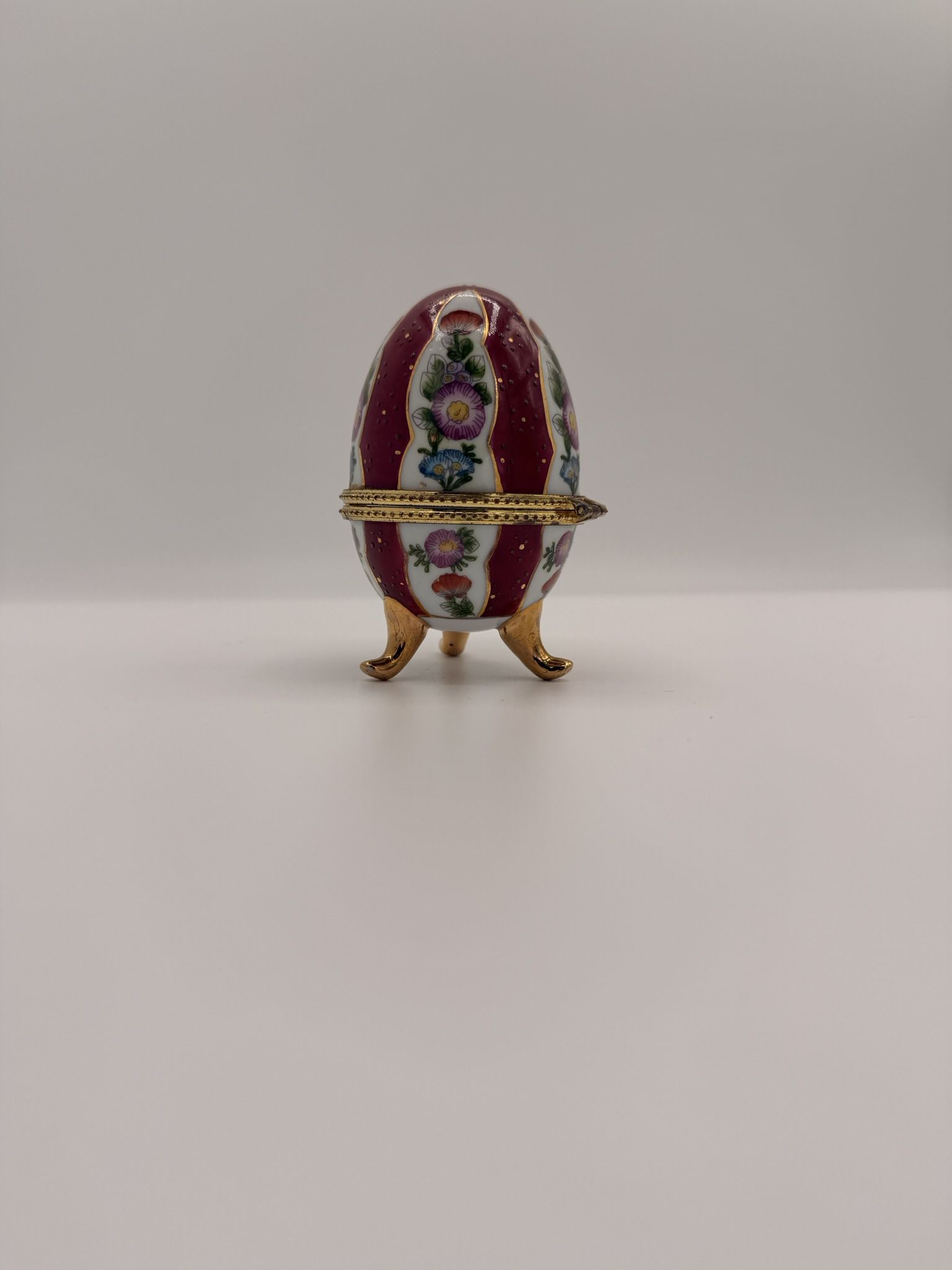 Egg Shaped Pink & Gold Ceramic 3 Legged Hinged Jewelry Trinket Box