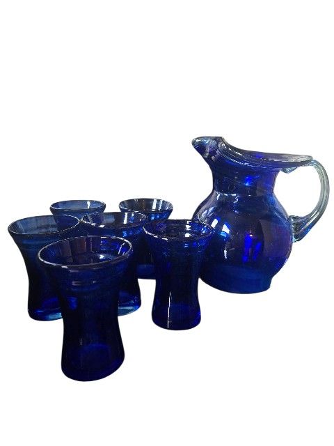 Handblown COBALT Swirl Pitcher And Glass Set