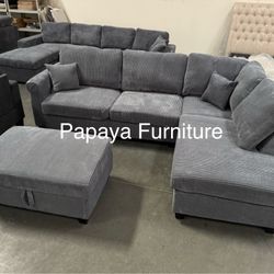 NEW! Dark Grey Sectional Sofa And Ottoman, Sectionals, Sofa, Couch, Grey Couch, Grey Sofa, L-Shaped Sofa, Plush Sectional Couch, Living Room Sofa. 