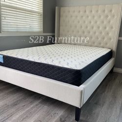 Queen Ivory Beige Wingback Bed With Ortho Mattress Included!!