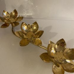 Metal gold flower tealight or votive candle holder centerpiece. Perfect for faux candles. Vintage 16x4 Inches. .