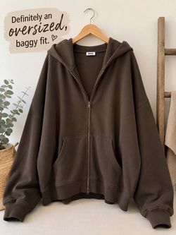 Brown Oversized Two-Way Zip Hoodie