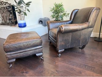 Pottery Barn Roll Arm Leather Chair & Ottoman