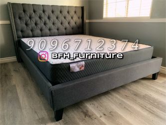Queen Gray Wingback Button Tufted Bed w. orthopedic Mattress included